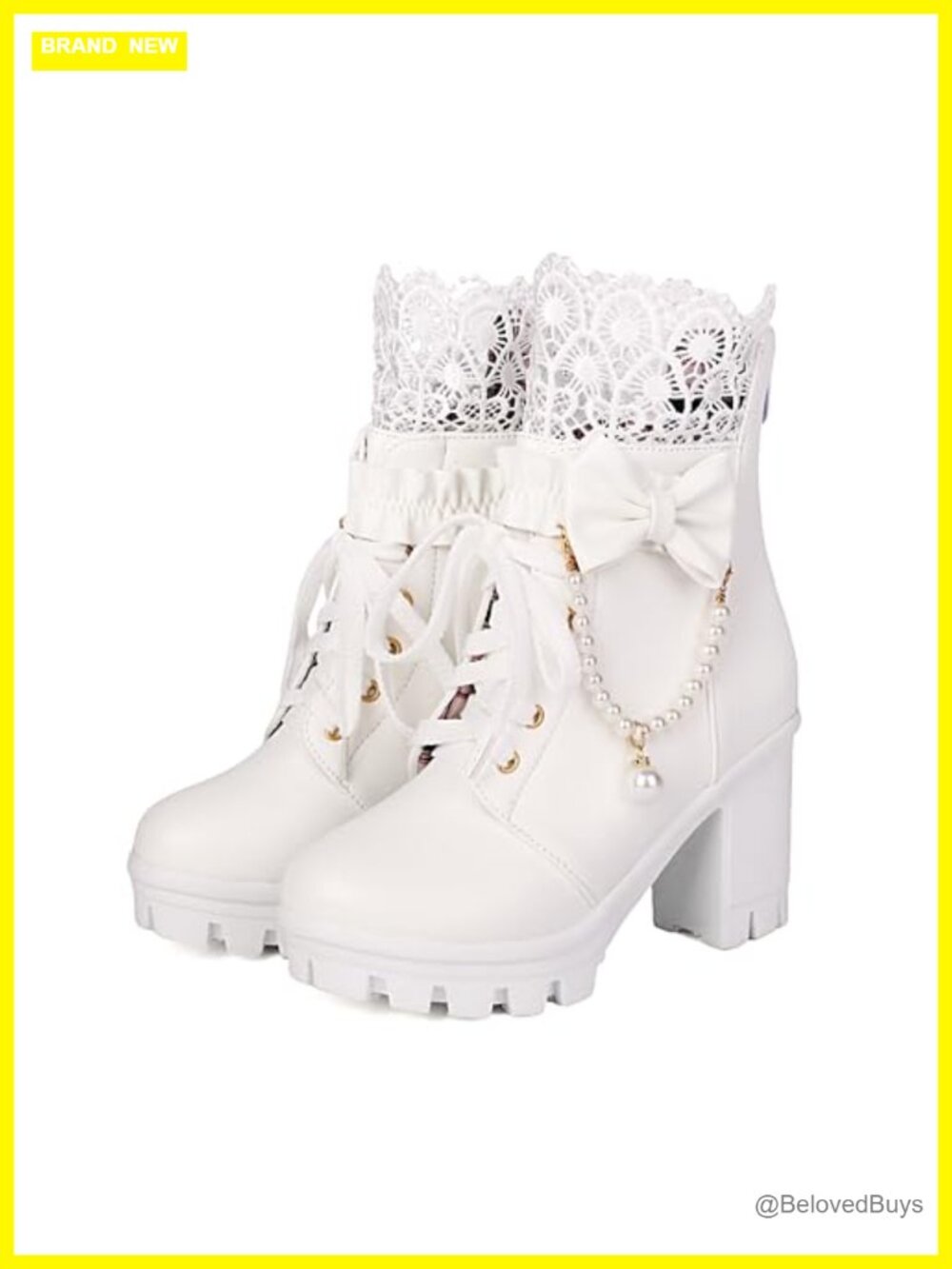 Women's Platform Ankle Boots with Lace Trim and Pearl Chain Embellishment - Picture 3 of 6
